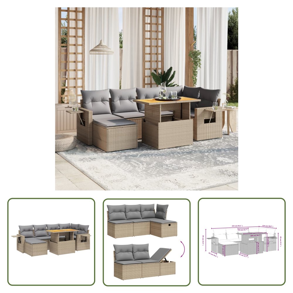 The Living Store 7-cz. zestaw wypoczynkowy do ogrodu - z poduszkami - beżowy - Sofa Ogrodowa