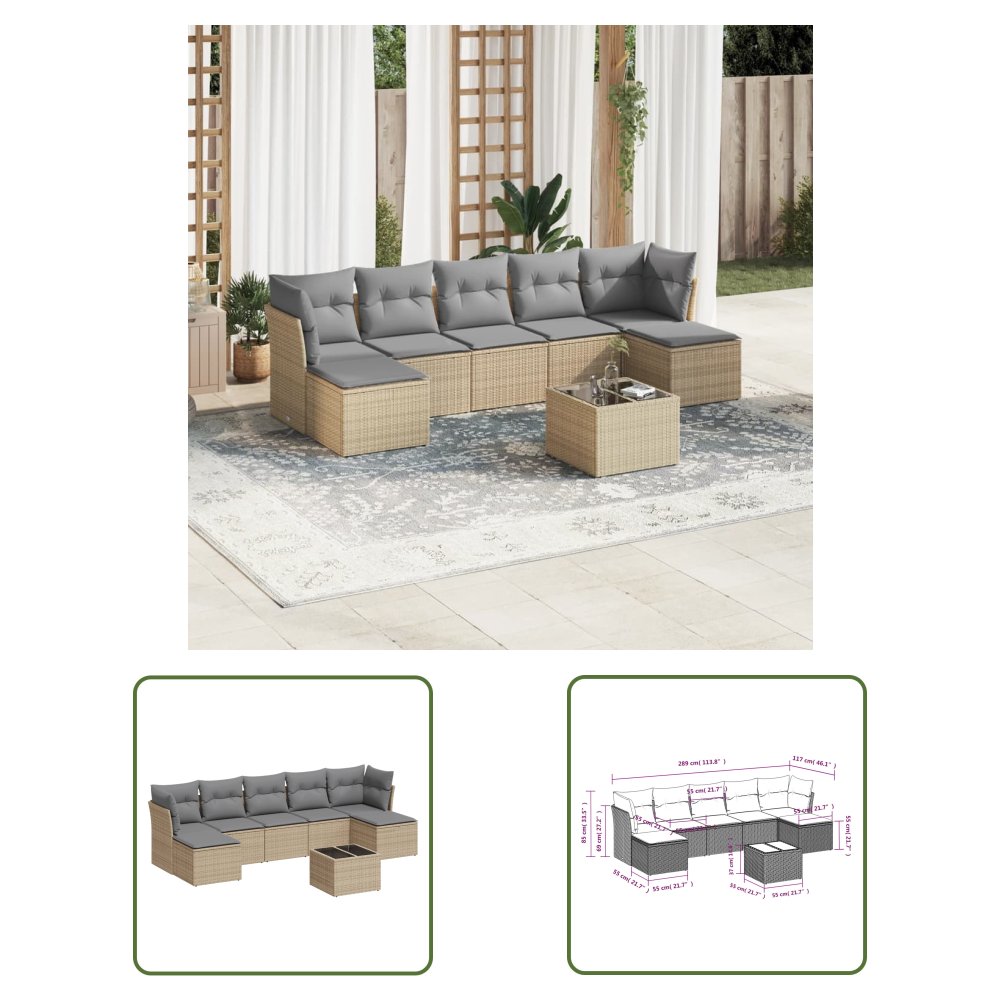 The Living Store 8-cz. zestaw mebli ogrodowych z poduszkami - beżowy - polirattan - Sofa Ogrodowa