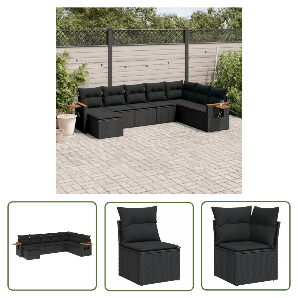 The Living Store 8-cz. zestaw wypoczynkowy do ogrodu - z poduszkami - czarny - Sofa Ogrodowa