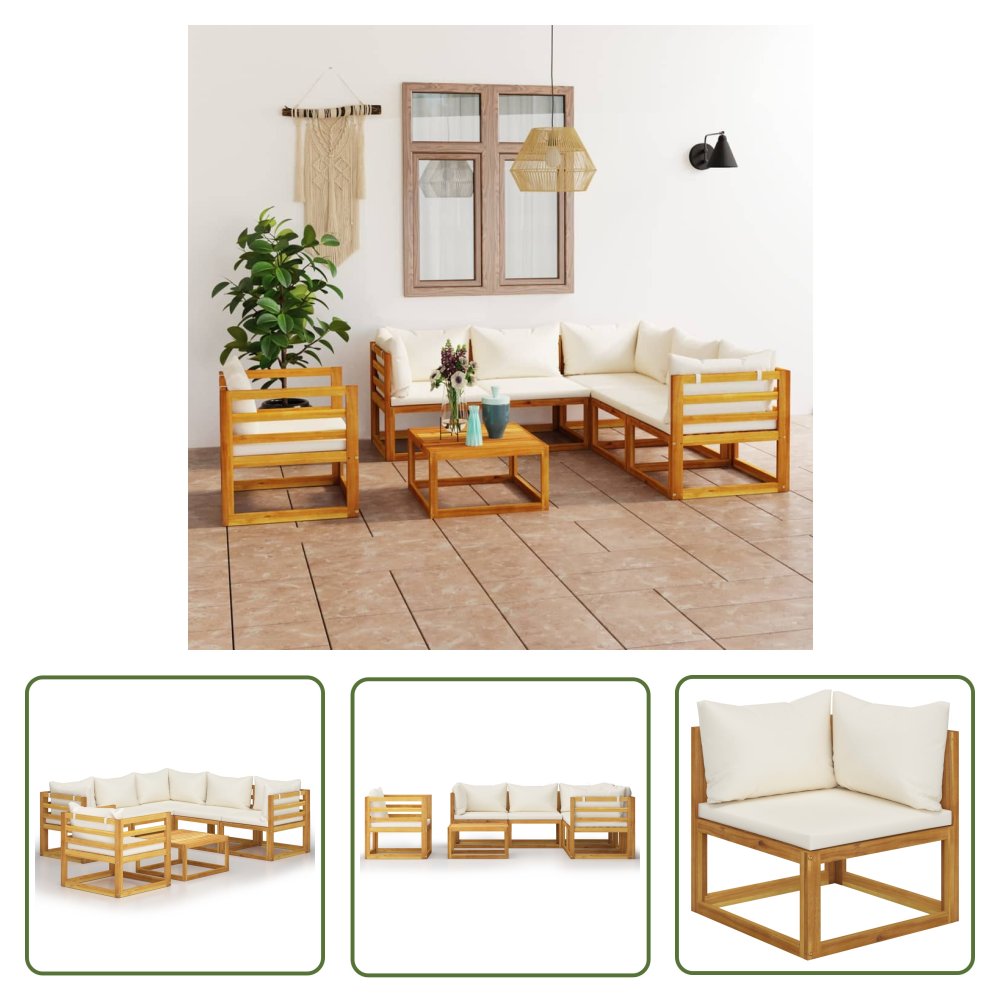 The Living Store 7-cz. zestaw wypoczynkowy do ogrodu - kremowe poduszki - akacja - Sofa Ogrodowa I Stół