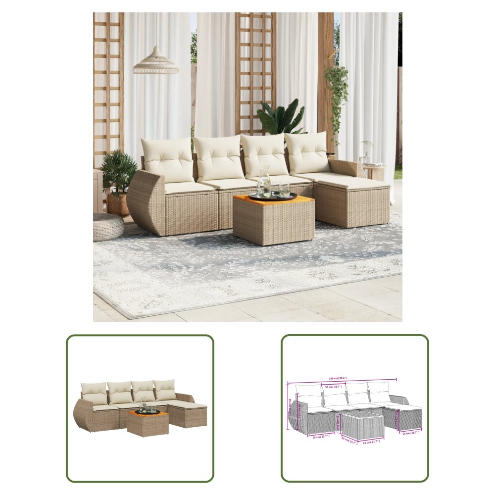 The Living Store 6-cz. zestaw mebli ogrodowych z poduszkami - beżowy - polirattan - Sofa Ogrodowa
