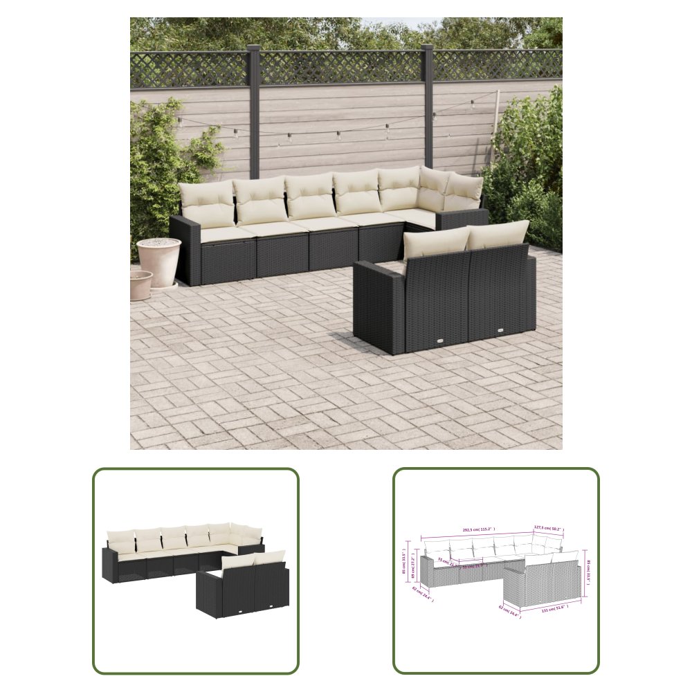 The Living Store 8-cz. zestaw wypoczynkowy do ogrodu - z poduszkami - czarny - Sofa Ogrodowa