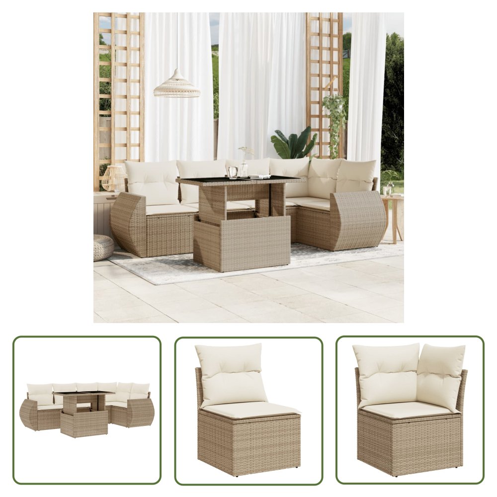 The Living Store 6-cz. zestaw mebli ogrodowych z poduszkami - beżowy - polirattan - Sofa Ogrodowa