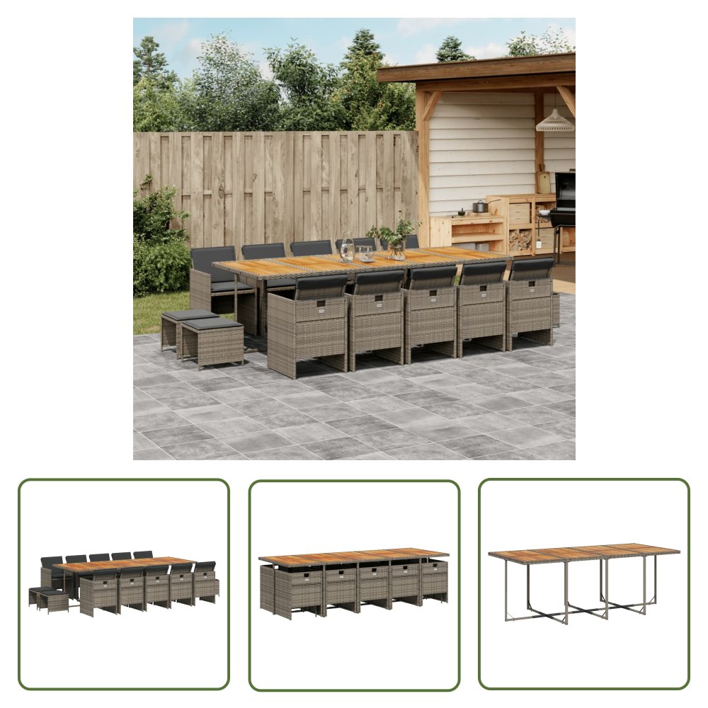 The Living Store 15-cz. zestaw mebli ogrodowych z poduszkami - szary - rattan PE - Meble Ogrodowe