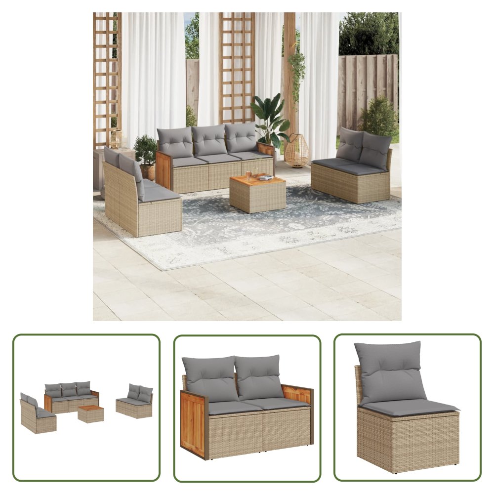 The Living Store 8-cz. zestaw mebli ogrodowych z poduszkami - beżowy - polirattan - Sofa Ogrodowa