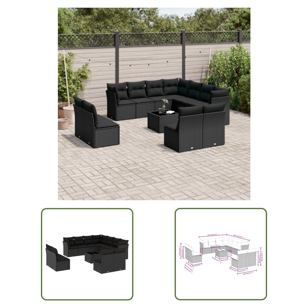 The Living Store 12-cz. zestaw mebli do ogrodu - z poduszkami - czarny - polirattan - Sofa Ogrodowa