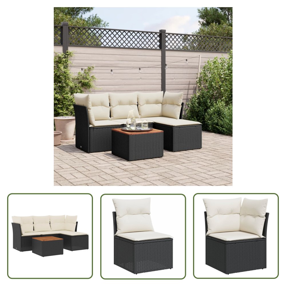 The Living Store 5-cz. zestaw wypoczynkowy do ogrodu - poduszki - czarny rattan PE - Sofa Ogrodowa