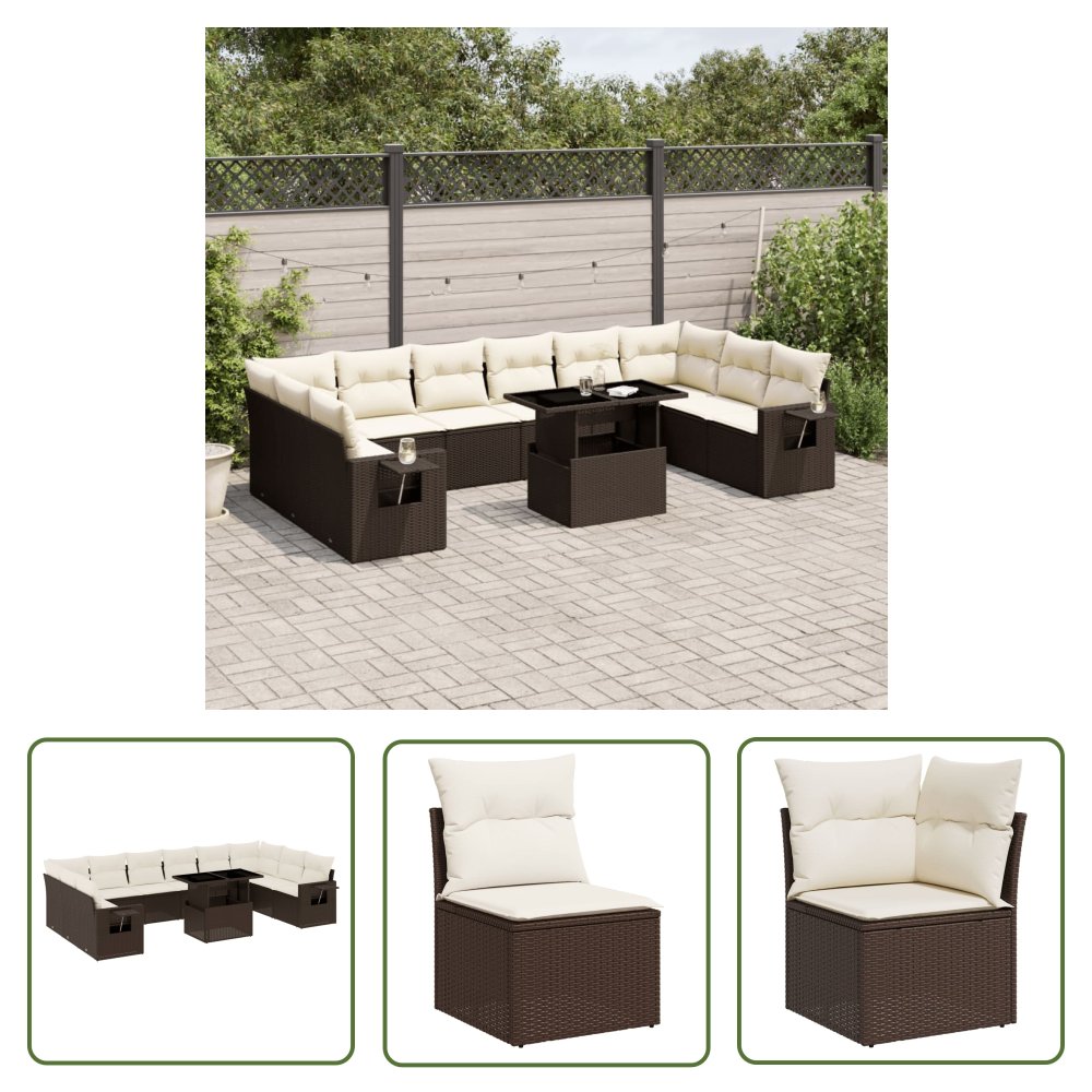 The Living Store 11-cz. zestaw mebli ogrodowych z poduszkami - brązowy - rattan PE - Sofa Ogrodowa