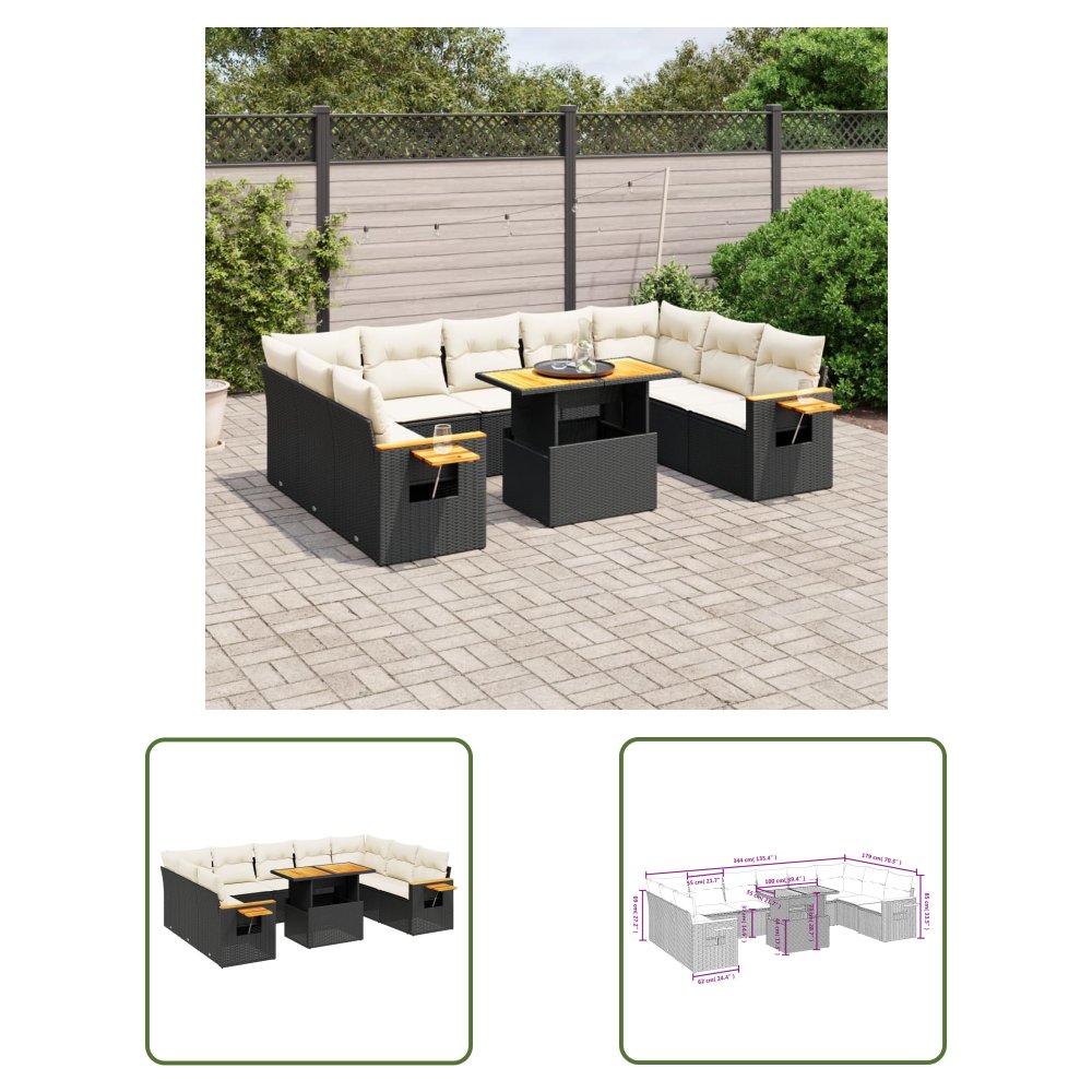 The Living Store 11-cz. zestaw wypoczynkowy do ogrodu - poduszki czarny rattan PE - Sofa Ogrodowa