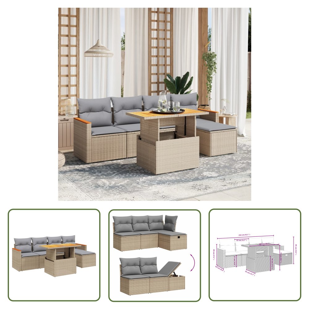 The Living Store 6-cz. zestaw mebli ogrodowych z poduszkami - beżowy - polirattan - Sofa Ogrodowa