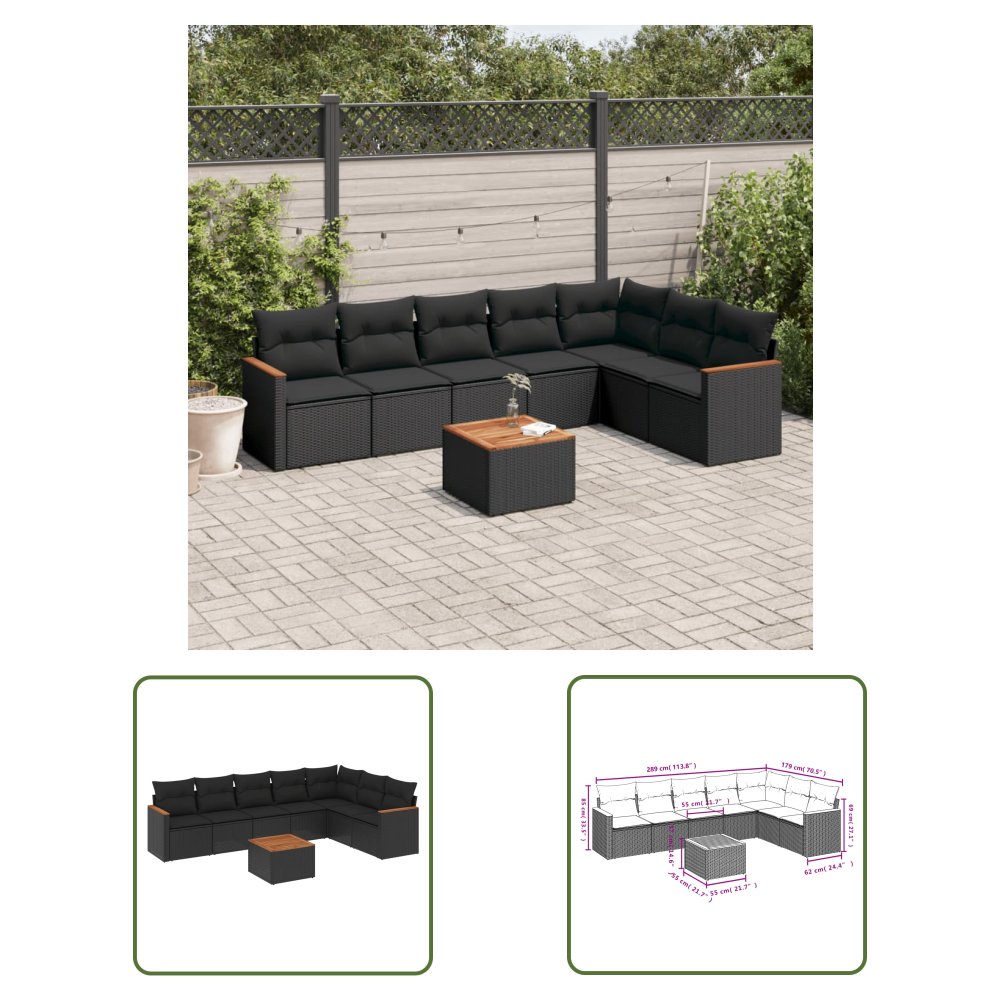 The Living Store 8-cz. zestaw wypoczynkowy do ogrodu - z poduszkami - czarny - Sofa Ogrodowa