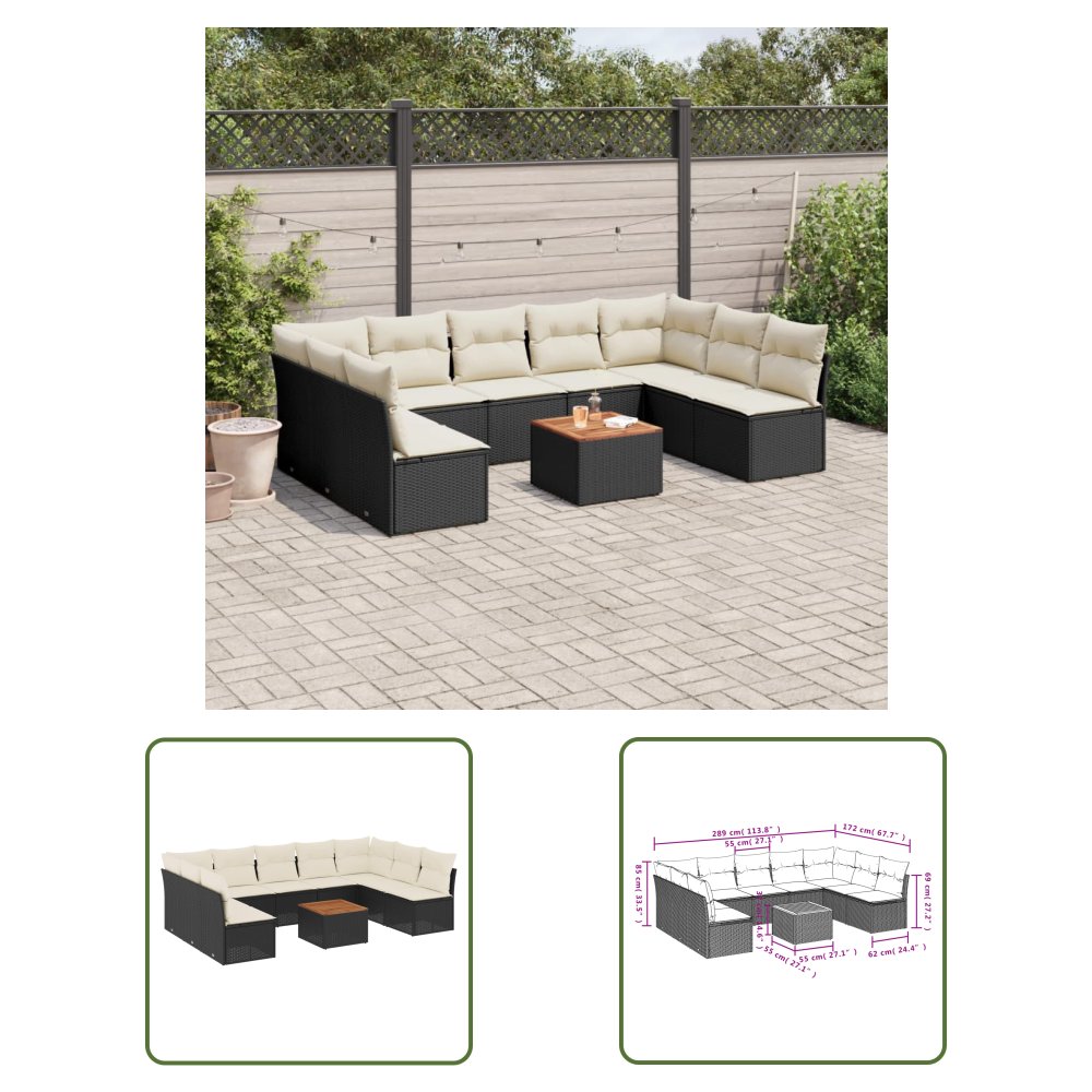 The Living Store 10-cz. zestaw wypoczynkowy do ogrodu - poduszki czarny rattan PE - Sofa Ogrodowa