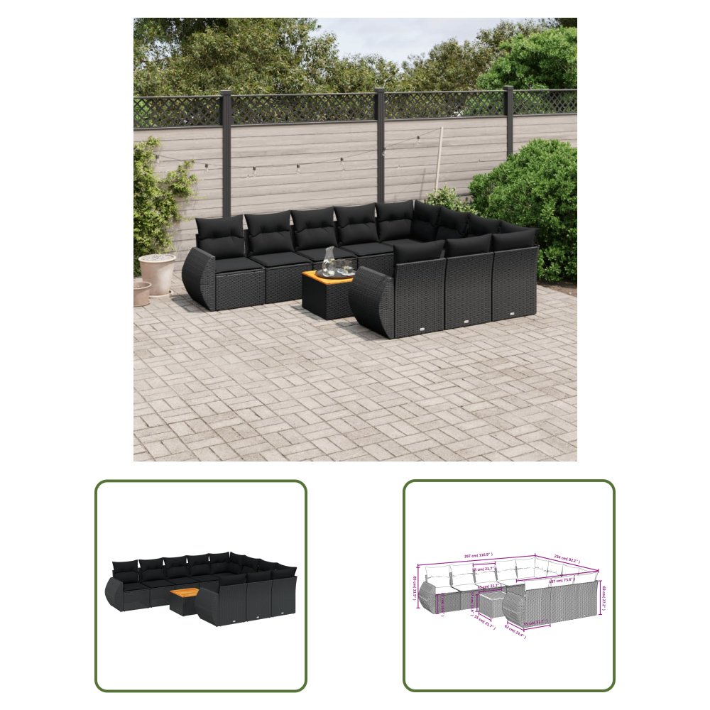 The Living Store 11-cz. zestaw wypoczynkowy do ogrodu - poduszki czarny rattan PE - Sofa Ogrodowa