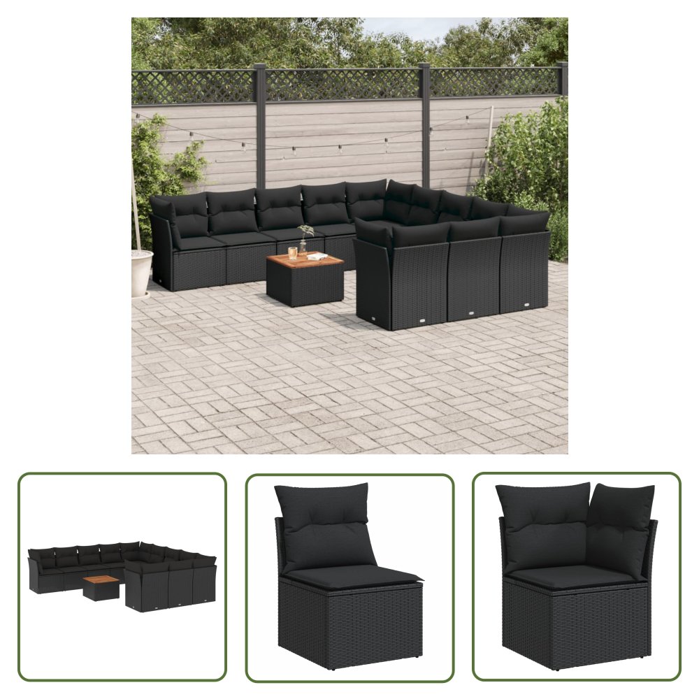 The Living Store 12-cz. zestaw mebli do ogrodu - z poduszkami - czarny - polirattan - Sofa Ogrodowa