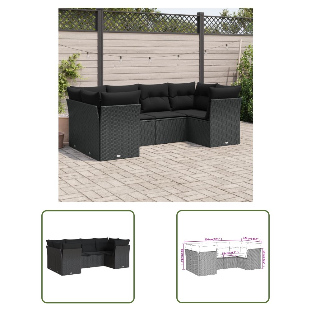 The Living Store 6-cz. zestaw mebli ogrodowych z poduszkami - czarny polirattan - Sofa Ogrodowa