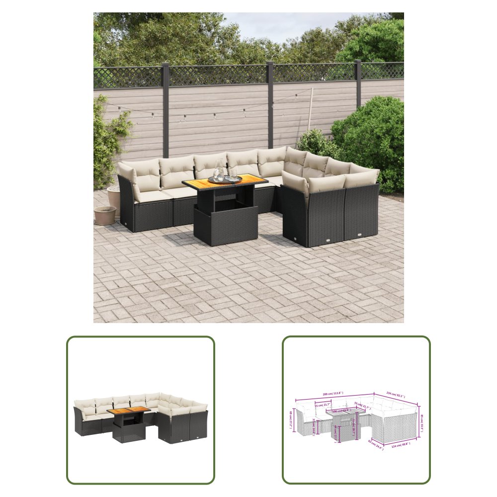 The Living Store 10-cz. zestaw wypoczynkowy do ogrodu - poduszki czarny rattan PE - Sofa Ogrodowa