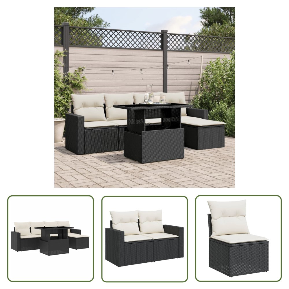 The Living Store 6-cz. zestaw mebli ogrodowych z poduszkami - czarny polirattan - Sofa Ogrodowa