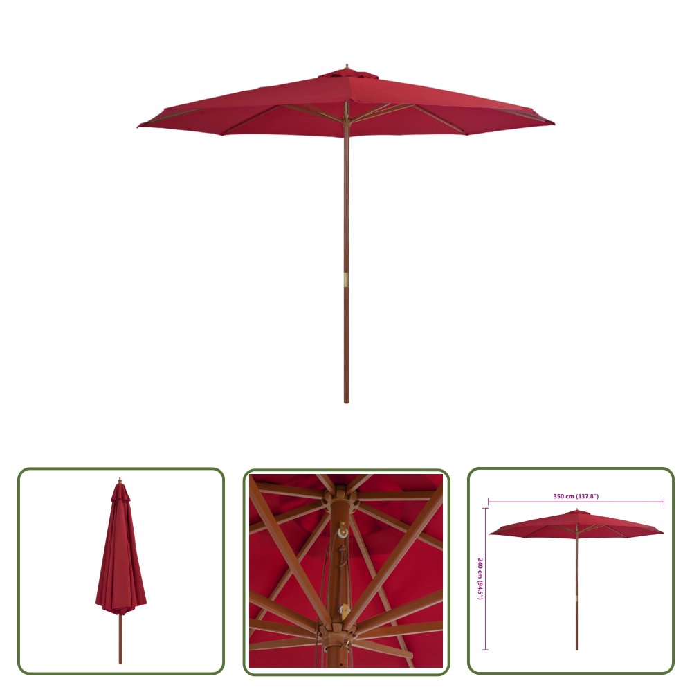 The Living Store Parasol ogrodowy na drewnianym słupku - 350 cm - burgundowy - Parasol