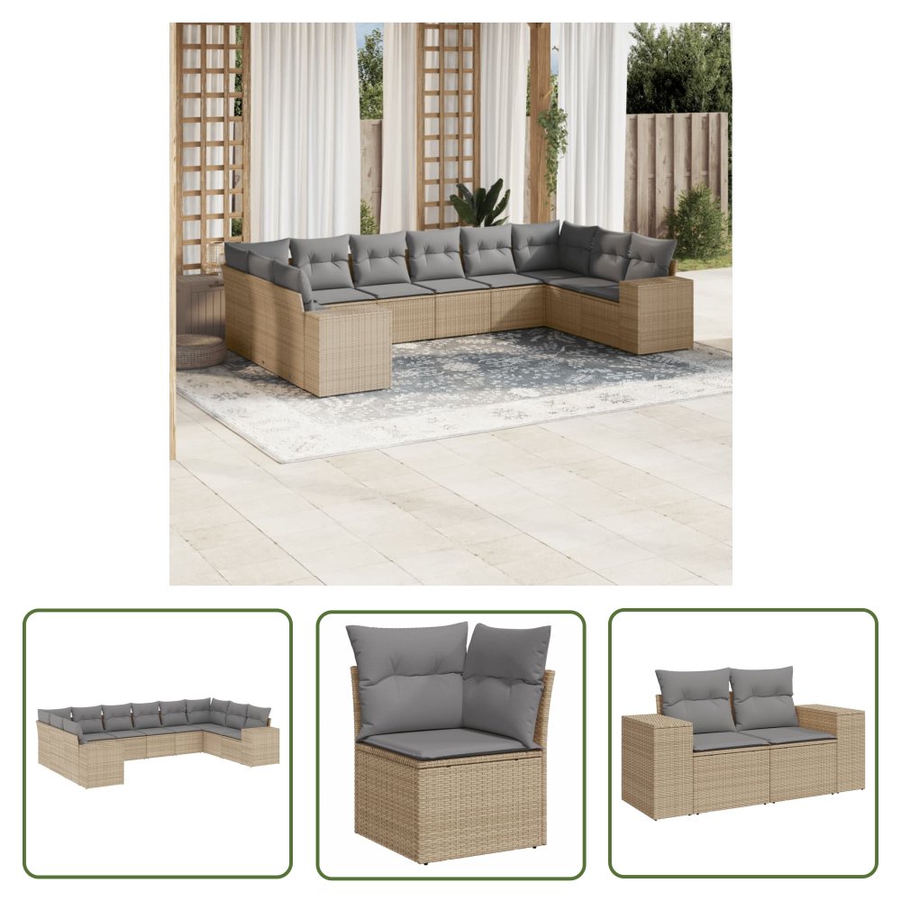 The Living Store 10-cz. zestaw mebli ogrodowych z poduszkami - beżowy - polirattan - Sofa Ogrodowa