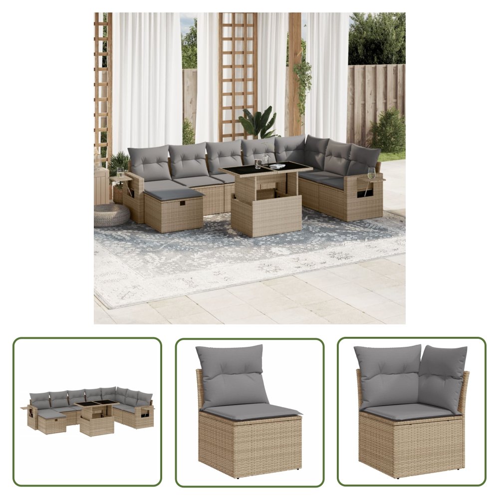 The Living Store 9-cz. zestaw mebli ogrodowych z poduszkami - beżowy - polirattan - Sofa Ogrodowa