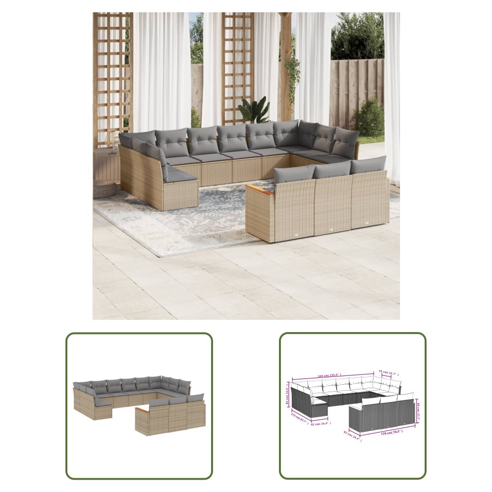 The Living Store 13-cz. zestaw mebli ogrodowych z poduszkami - beżowy - polirattan - Sofa Ogrodowa