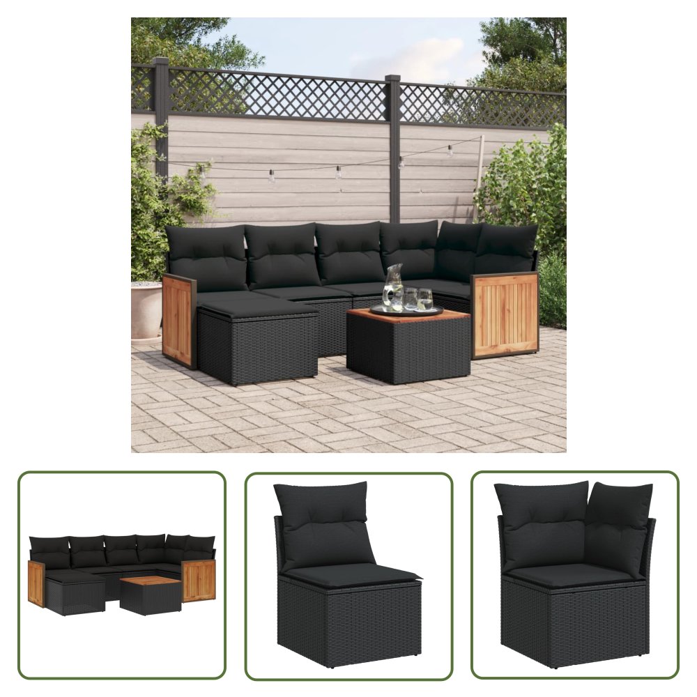 The Living Store 7-cz. zestaw wypoczynkowy do ogrodu - z poduszkami - czarny - Sofa Ogrodowa