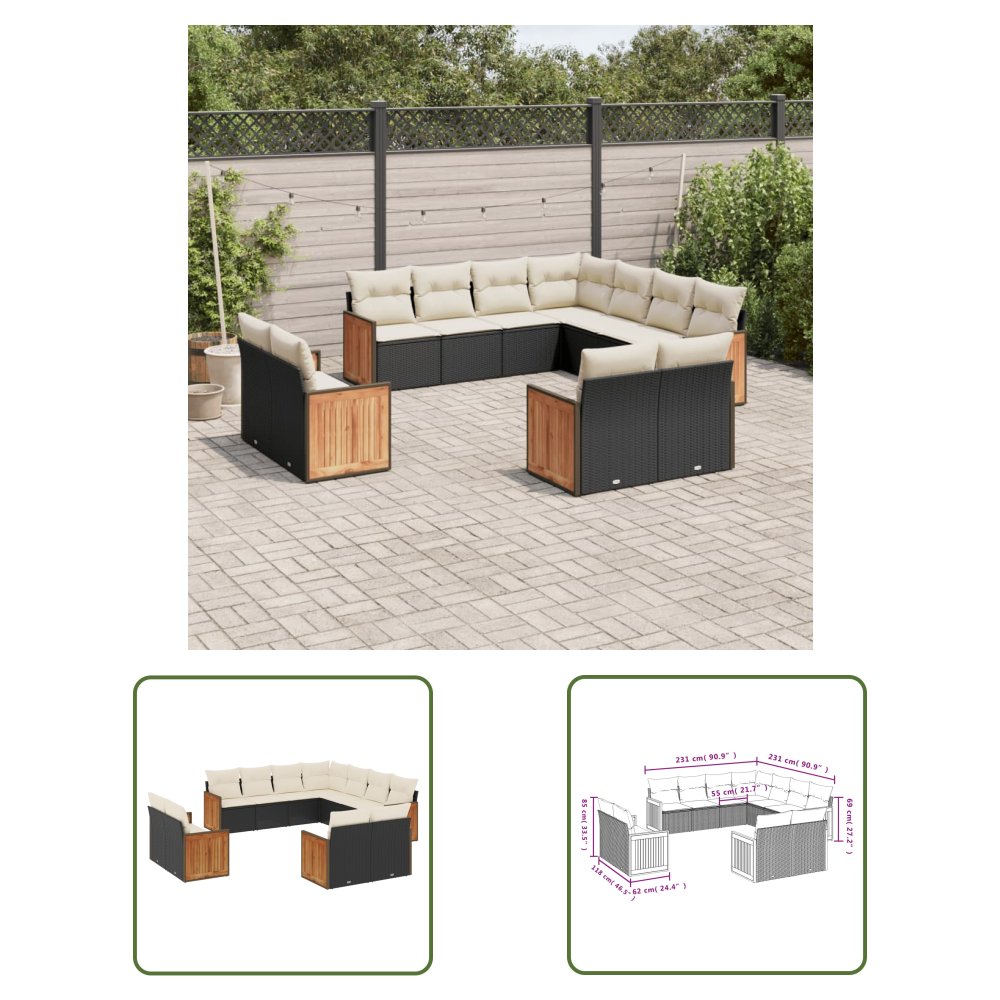 The Living Store 11-cz. zestaw wypoczynkowy do ogrodu - poduszki czarny rattan PE - Sofa Ogrodowa
