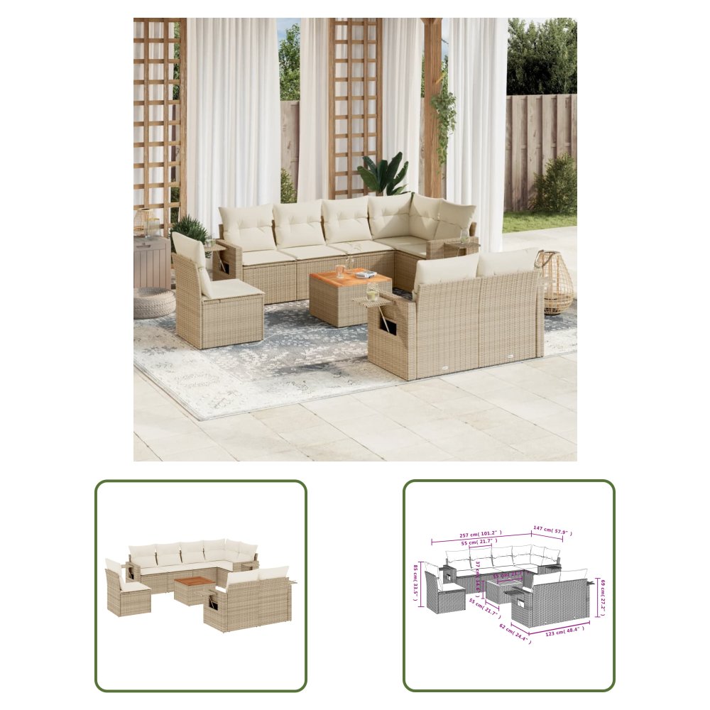 The Living Store 9-cz. zestaw mebli ogrodowych z poduszkami - beżowy - polirattan - Sofa Ogrodowa