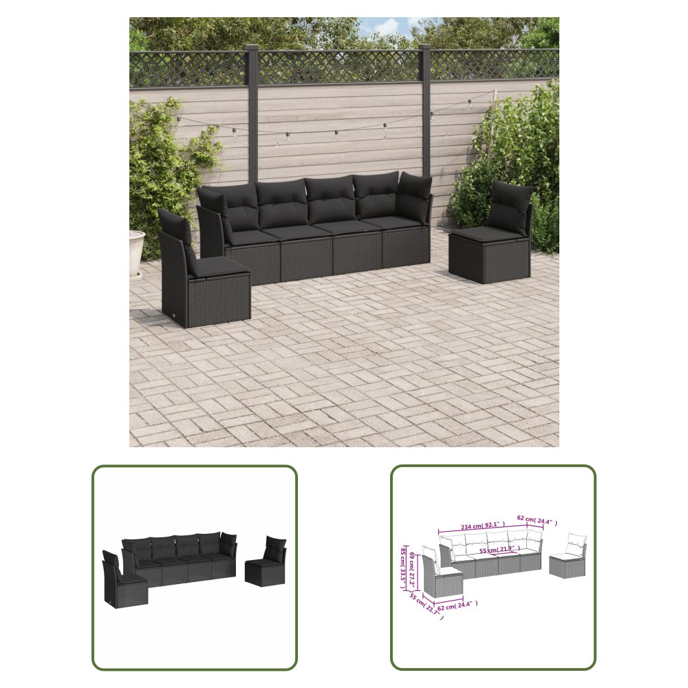 The Living Store 6-cz. zestaw mebli ogrodowych z poduszkami - czarny polirattan - Sofa Ogrodowa