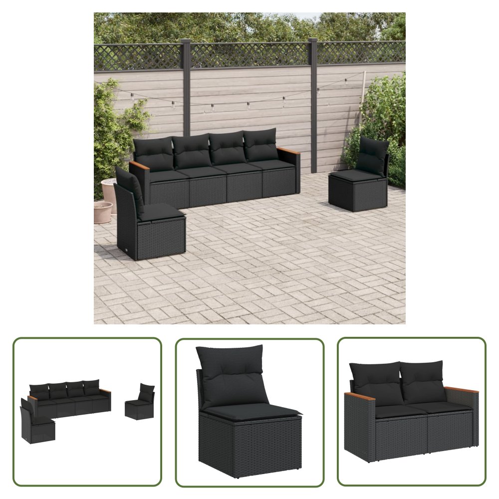 The Living Store 6-cz. zestaw mebli ogrodowych z poduszkami - czarny polirattan - Sofa Ogrodowa