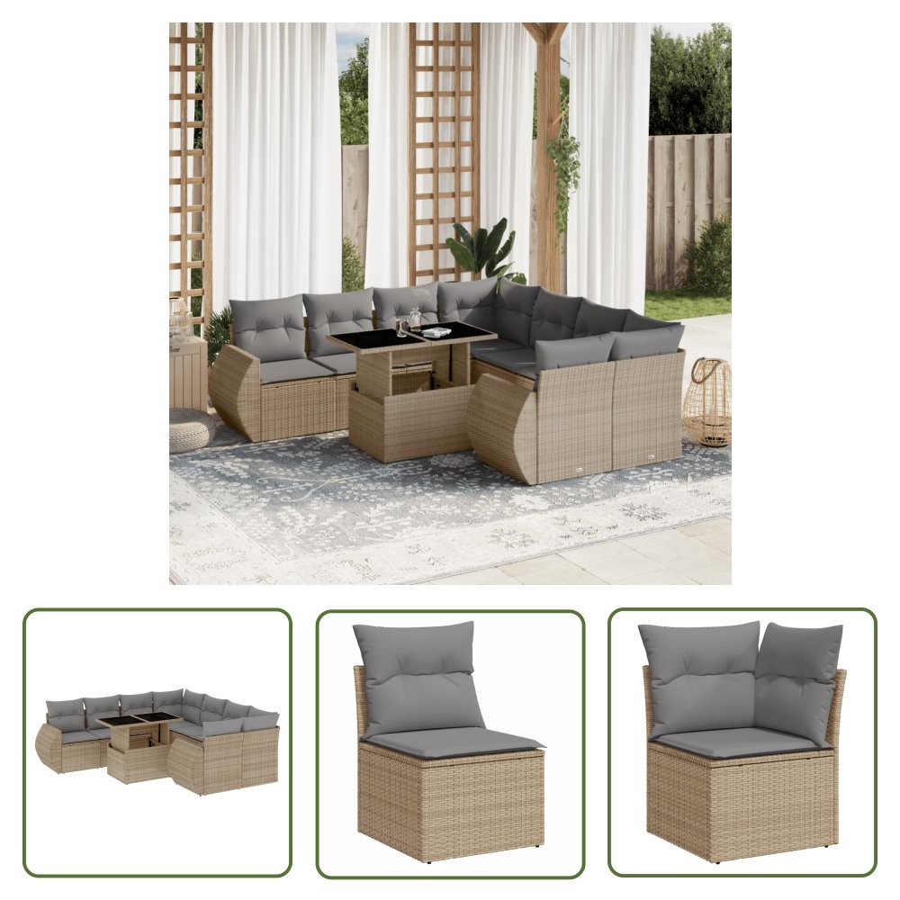 The Living Store 9-cz. zestaw mebli ogrodowych z poduszkami - beżowy - polirattan - Sofa Ogrodowa