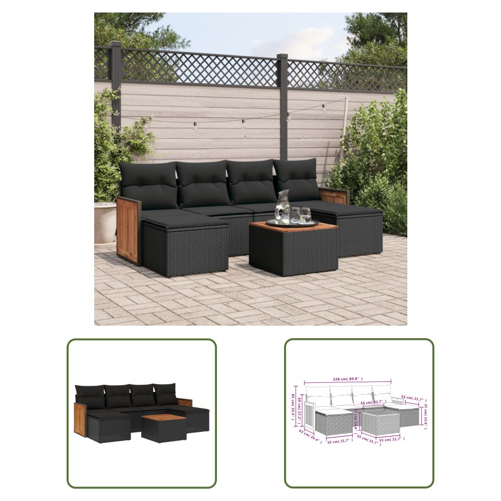 The Living Store 7-cz. zestaw wypoczynkowy do ogrodu - z poduszkami - czarny - Sofa Ogrodowa