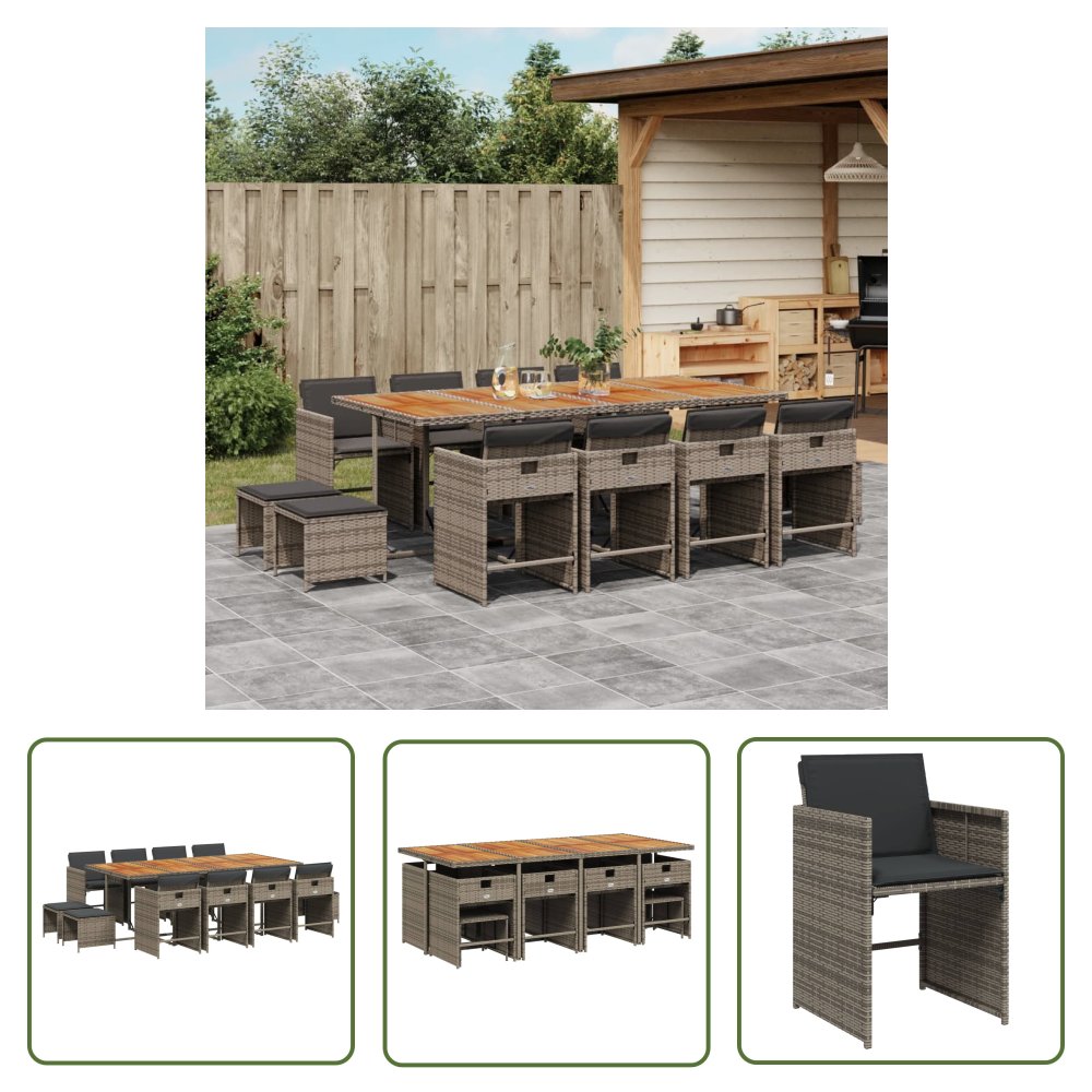 The Living Store 13-cz. zestaw mebli ogrodowych z poduszkami - szary rattan PE - Meble Ogrodowe