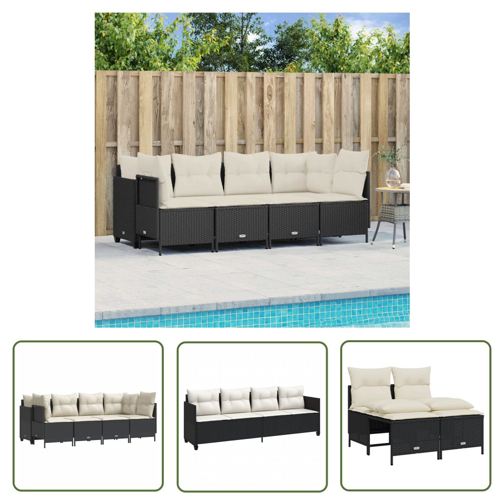 The Living Store 5-cz. zestaw wypoczynkowy do ogrodu - poduszki - czarny rattan PE - Sofa Ogrodowa