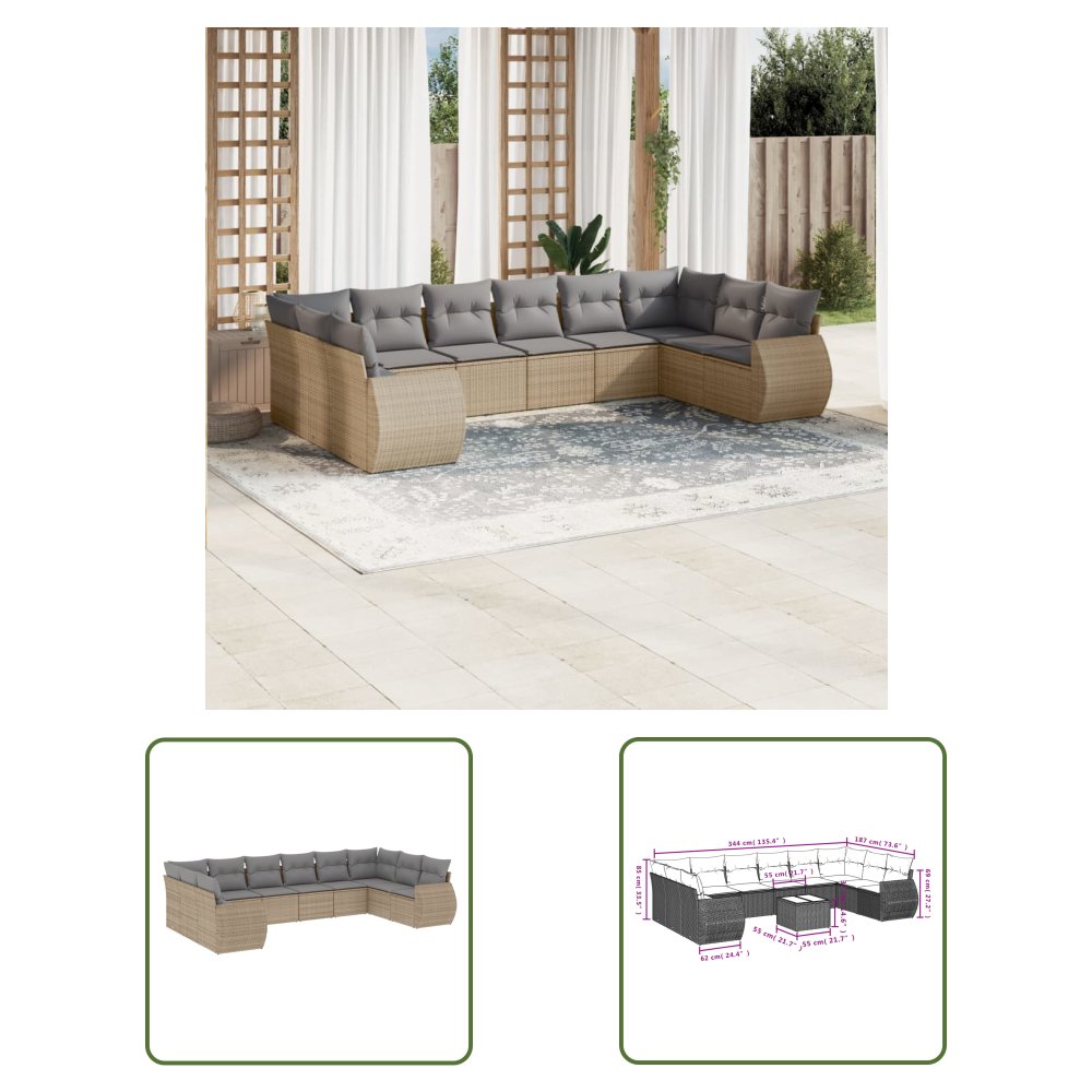 The Living Store 10-cz. zestaw mebli ogrodowych z poduszkami - beżowy - polirattan - Sofa Ogrodowa