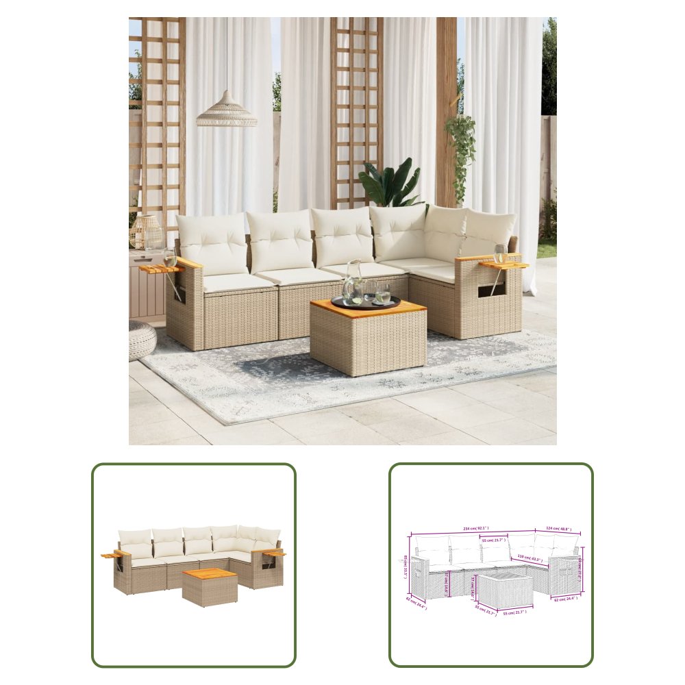 The Living Store 6-cz. zestaw mebli ogrodowych z poduszkami - beżowy - polirattan - Sofa Ogrodowa