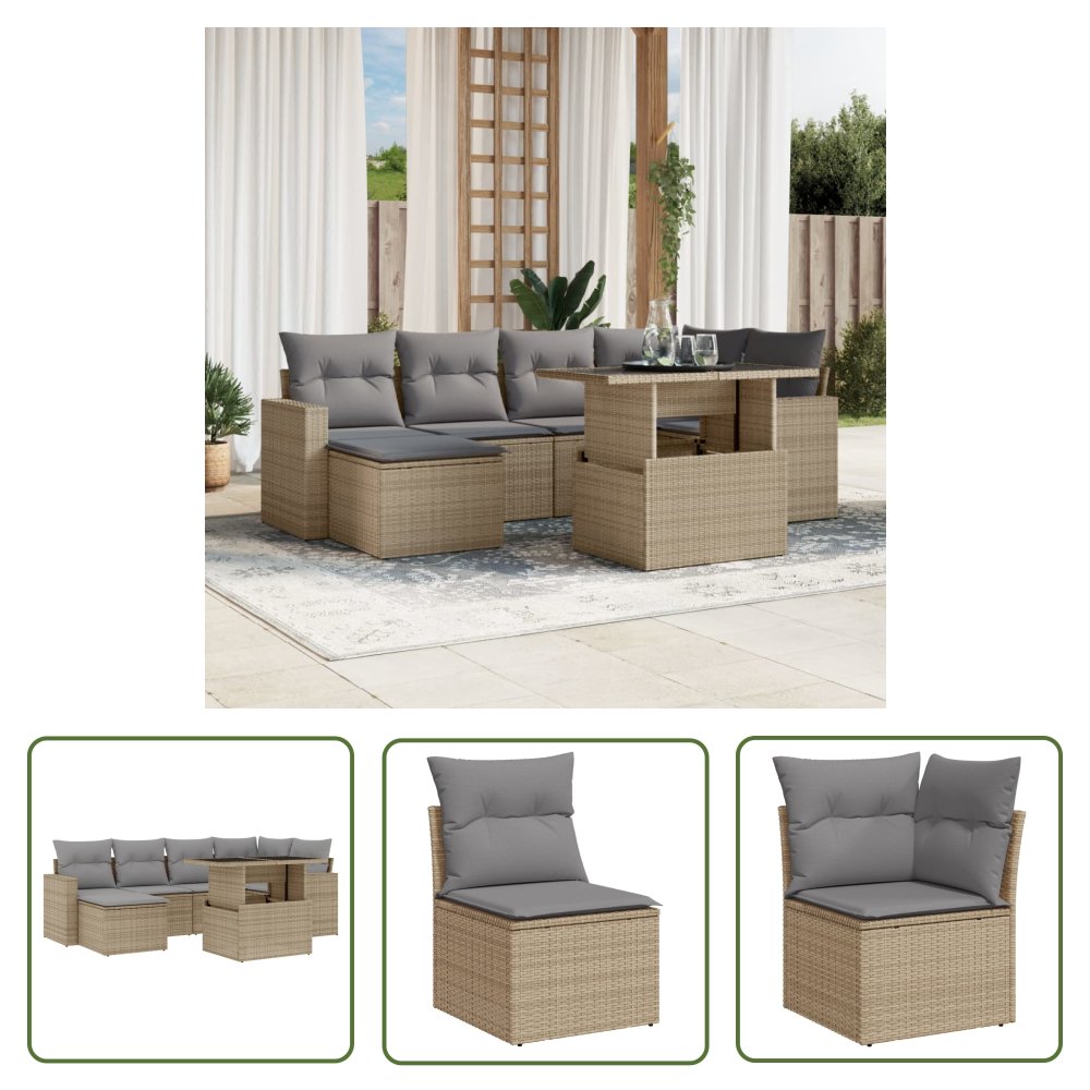 The Living Store 7-cz. zestaw wypoczynkowy do ogrodu - z poduszkami - beżowy - Sofa Ogrodowa