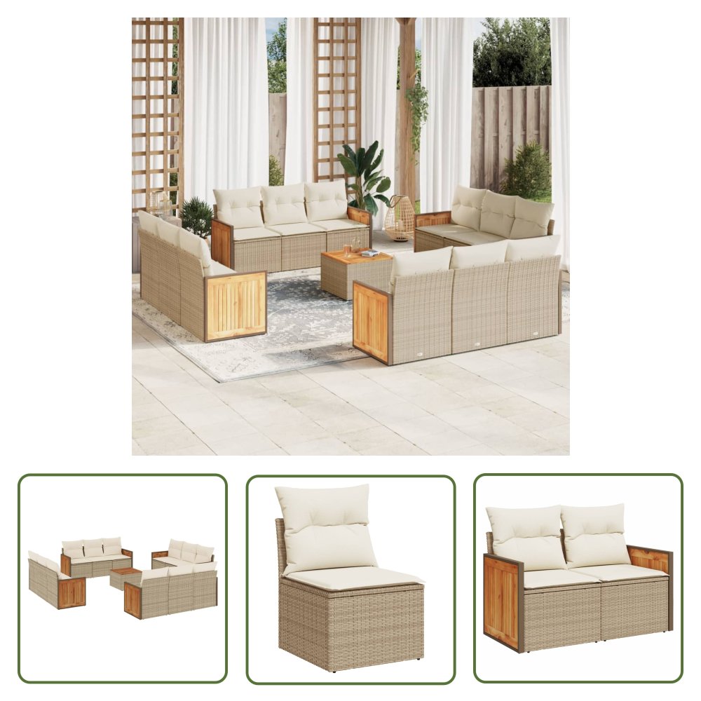 The Living Store 13-cz. zestaw mebli ogrodowych z poduszkami - beżowy - polirattan - Sofa Ogrodowa