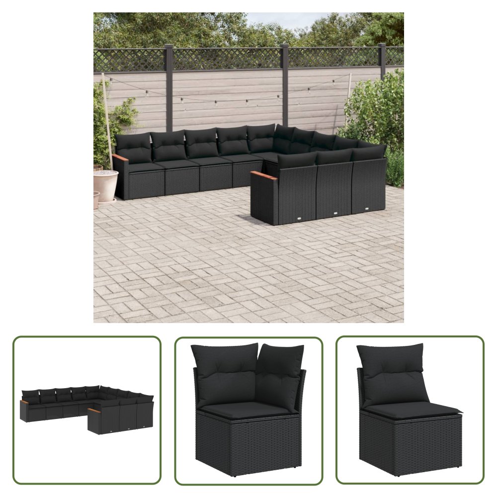 The Living Store 11-cz. zestaw wypoczynkowy do ogrodu - poduszki czarny rattan PE - Sofa Ogrodowa