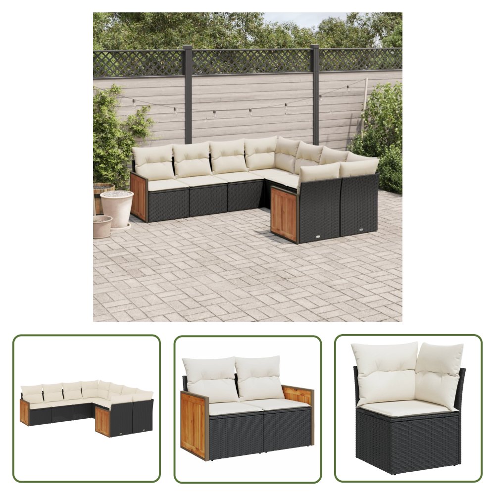 The Living Store 8-cz. zestaw wypoczynkowy do ogrodu - z poduszkami - czarny - Sofa Ogrodowa