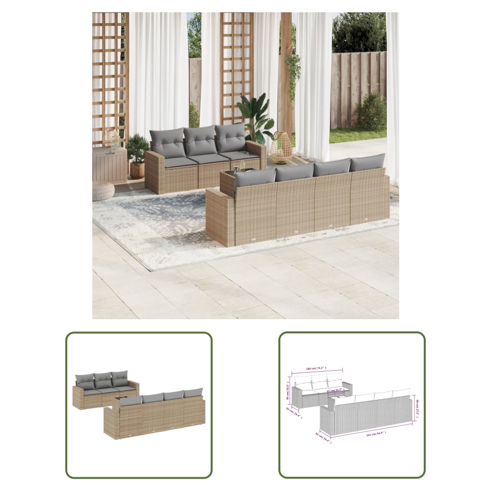 The Living Store 8-cz. zestaw mebli ogrodowych z poduszkami - beżowy - polirattan - Sofa Ogrodowa