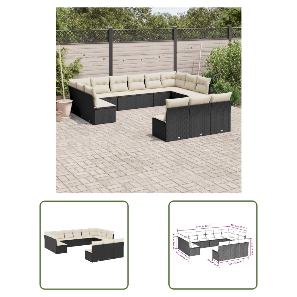 The Living Store 13-cz. zestaw mebli do ogrodu - poduszki - czarny - rattan PE - Sofa Ogrodowa