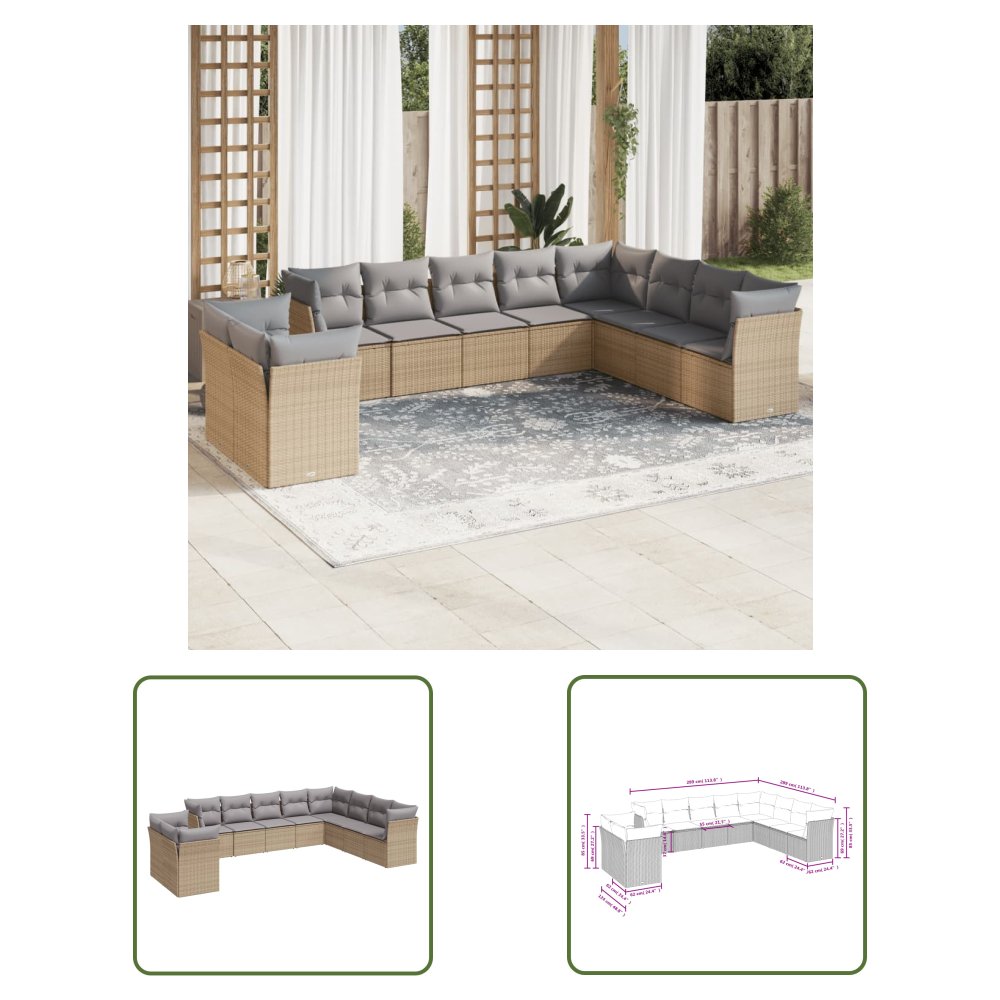 The Living Store 10-cz. zestaw mebli ogrodowych z poduszkami - beżowy - polirattan - Sofa Ogrodowa