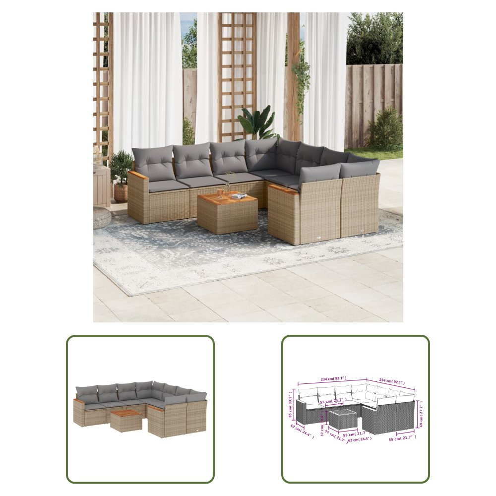 The Living Store 9-cz. zestaw mebli ogrodowych z poduszkami - beżowy - polirattan - Sofa Ogrodowa