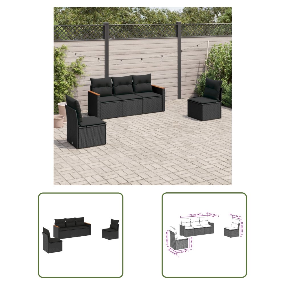 The Living Store 5-cz. zestaw wypoczynkowy do ogrodu - poduszki - czarny rattan PE - Sofa Ogrodowa