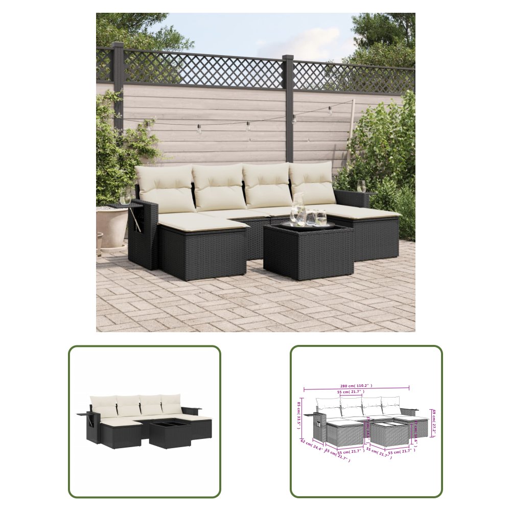 The Living Store 7-cz. zestaw wypoczynkowy do ogrodu - z poduszkami - czarny - Sofa Ogrodowa