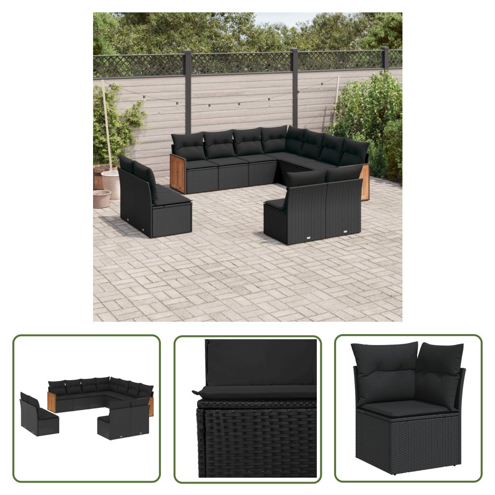 The Living Store 11-cz. zestaw wypoczynkowy do ogrodu - poduszki czarny rattan PE - Sofa Ogrodowa