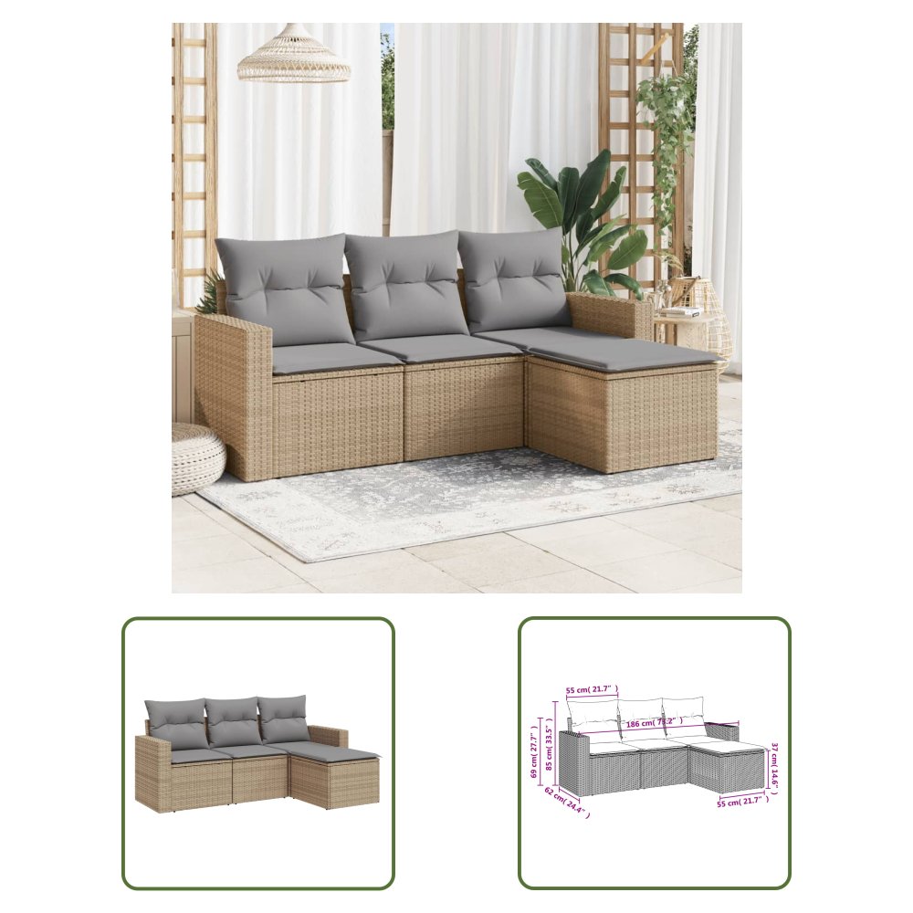 The Living Store 4-cz. zestaw mebli ogrodowych z poduszkami - beżowy - polirattan - Sofa Ogrodowa