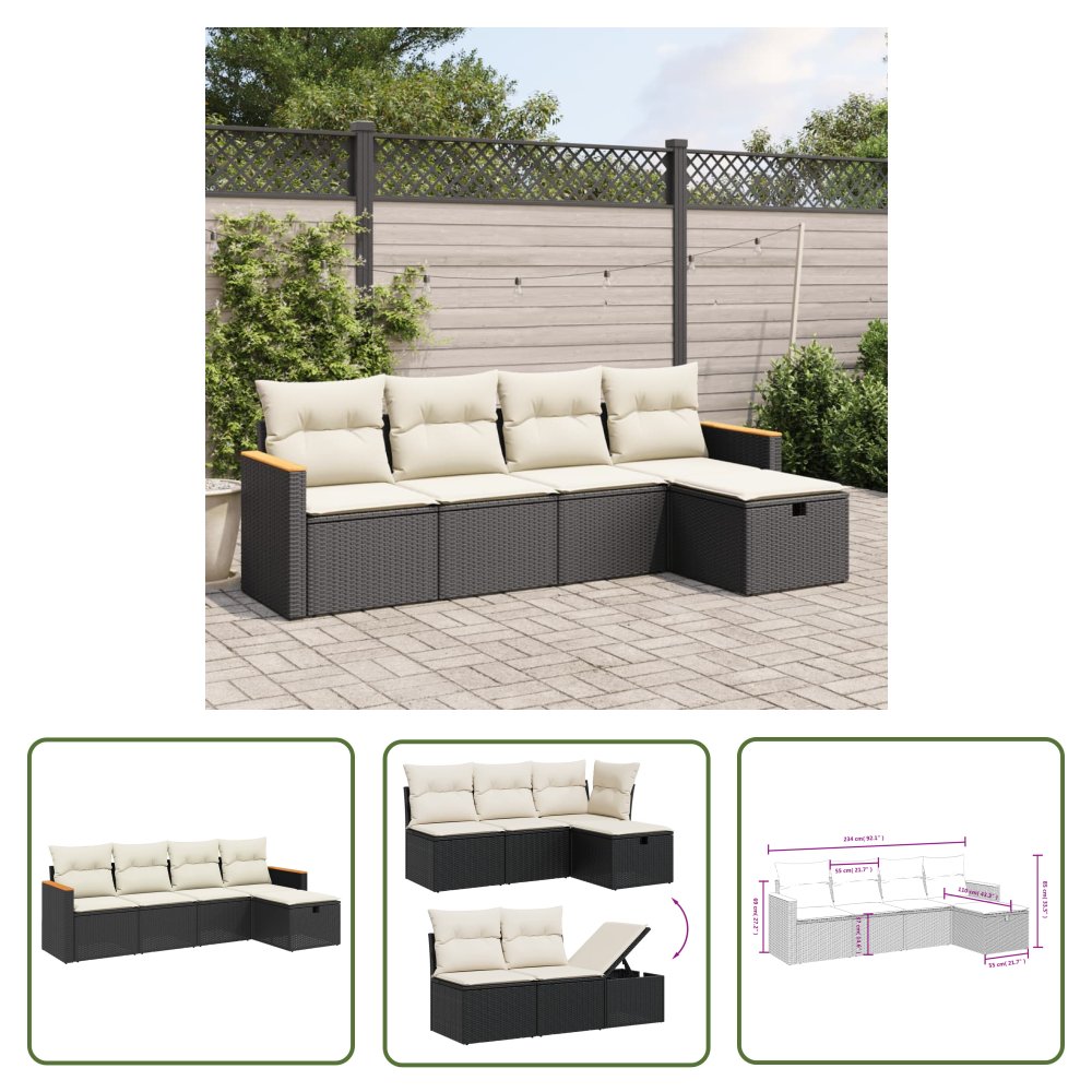 The Living Store 5-cz. zestaw wypoczynkowy do ogrodu - poduszki - czarny rattan PE - Sofa Ogrodowa