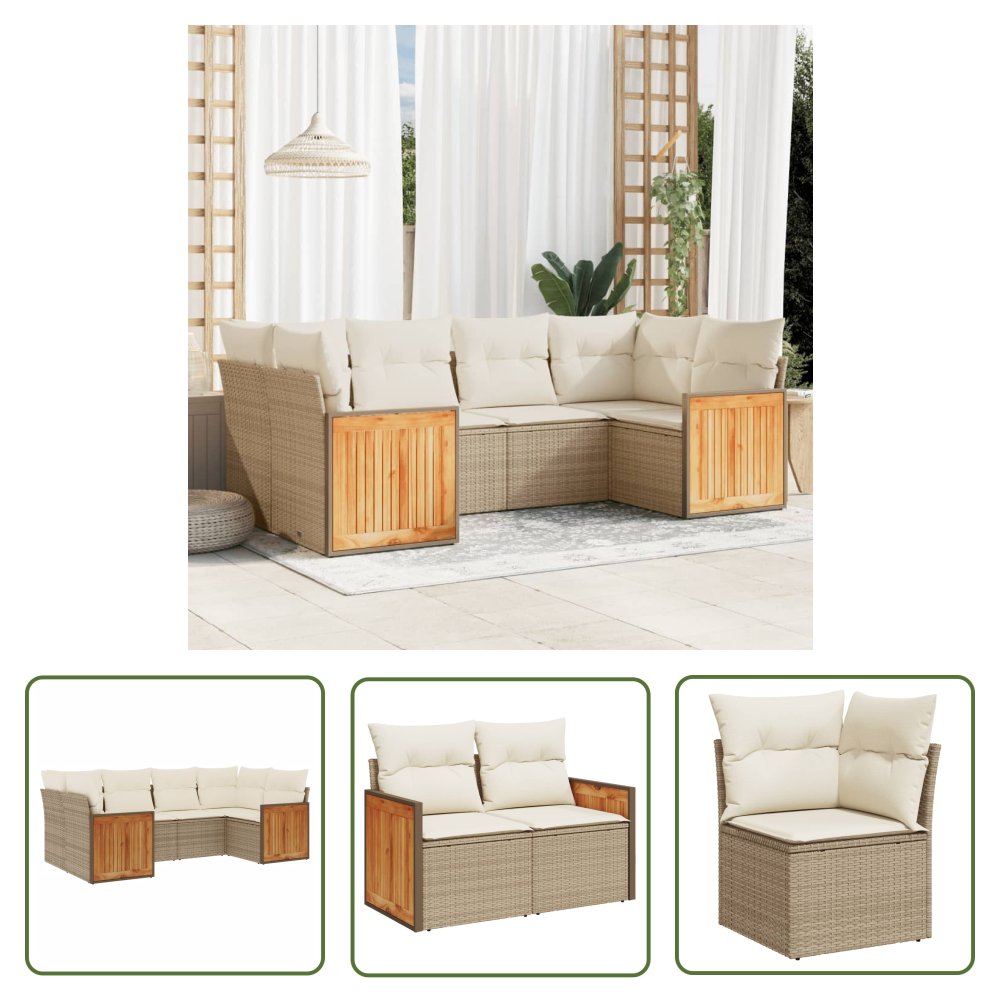 The Living Store 6-cz. zestaw mebli ogrodowych z poduszkami - beżowy - polirattan - Sofa Ogrodowa
